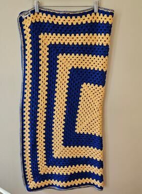 VTG Handmade 35" x 35" Crocheted Afghan Lap/ Baby Blanket/ Throw Blue Yellow